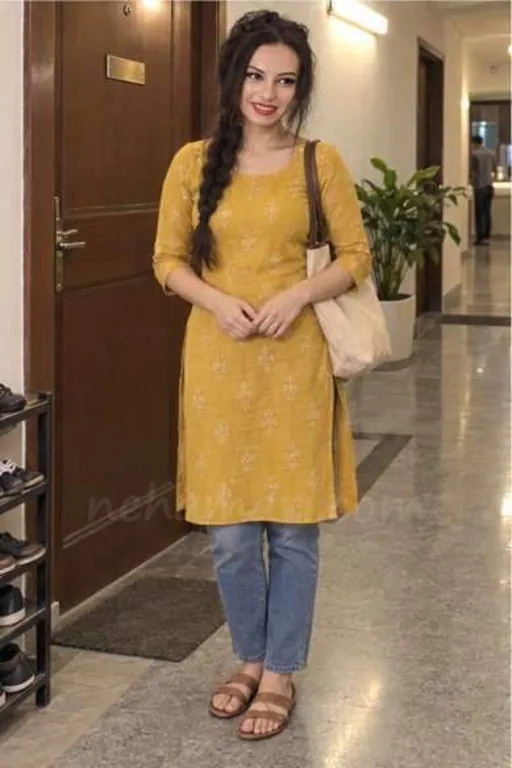 Emily in a mustard kurti and jeans at a flat door in a Bangalore apartment building
