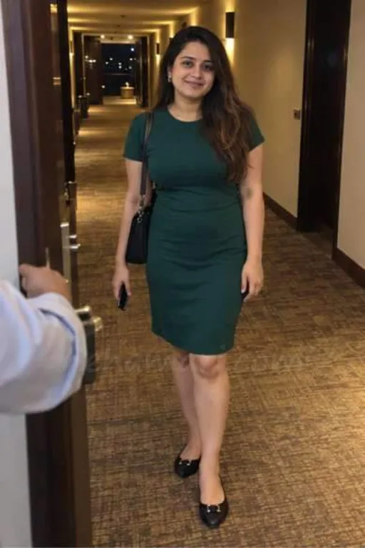 A girl in a green dress walks down a Bangalore hotel corridor to the open room door